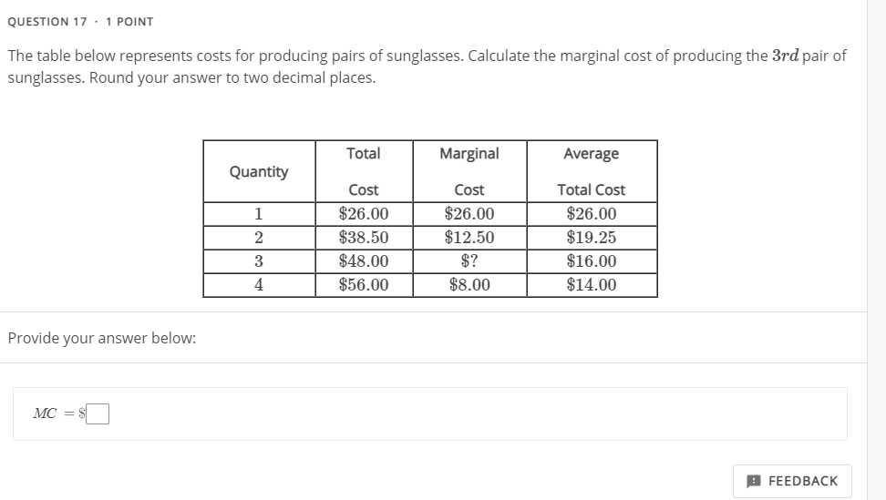 Solved The table below represents costs for producing pairs