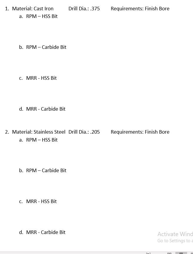 Instructions Calculate both the Drill RPM and MRR