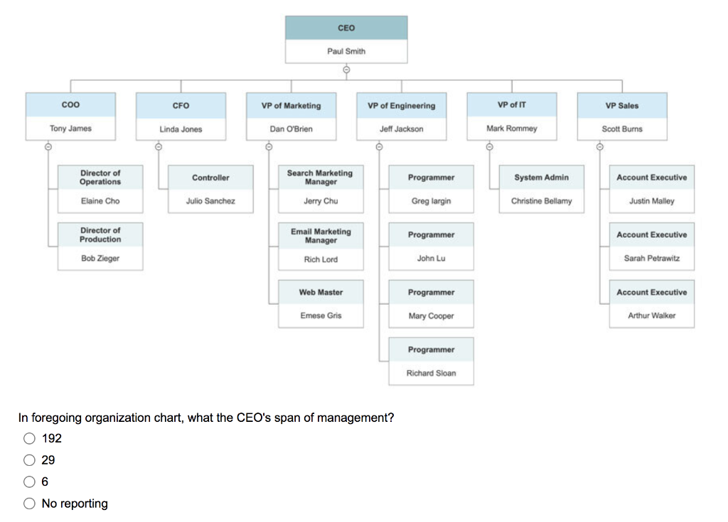 Solved CEO Paul Smith COO CFO VP of Marketing VP of | Chegg.com
