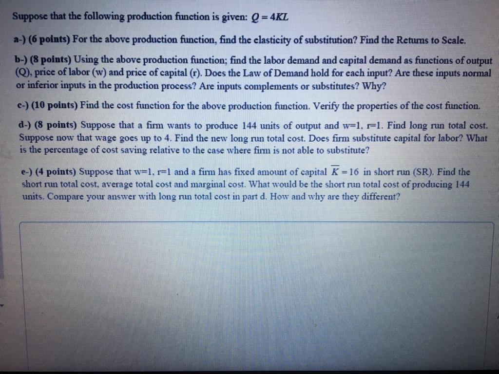 Solved Suppose that the following production function is | Chegg.com