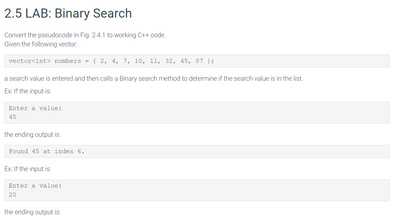 Solved 2.5 LAB: Binary Search C++ Convert the pseudocode in | Chegg.com