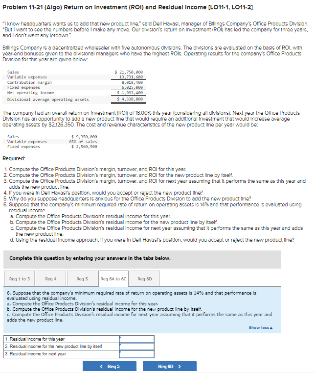 Solved Problem 11-21 (Algo) ﻿Return on Investment (ROI) ﻿and | Chegg.com