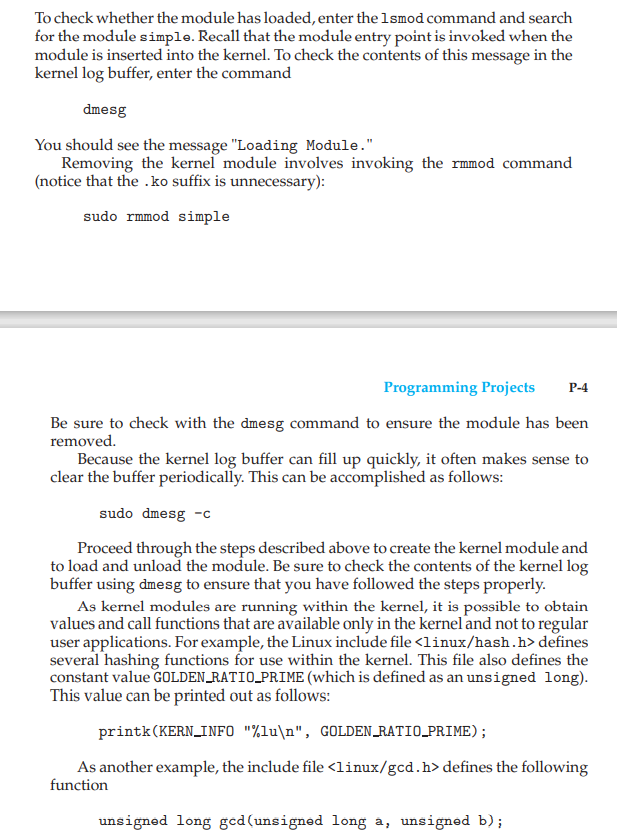 Kernel module overview, Loading and removing kernel | Chegg.com