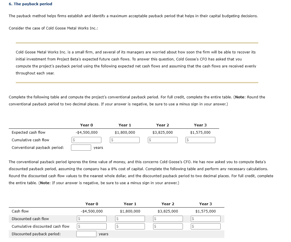 Solved 6. The payback period The payback method helps firms | Chegg.com
