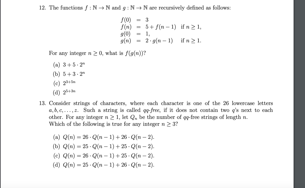 Solved 12 The Functions F N N And G N N Are Recursive Chegg Com