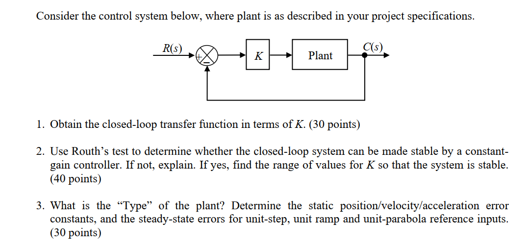 Solved Consider the control system below, where plant is as | Chegg.com