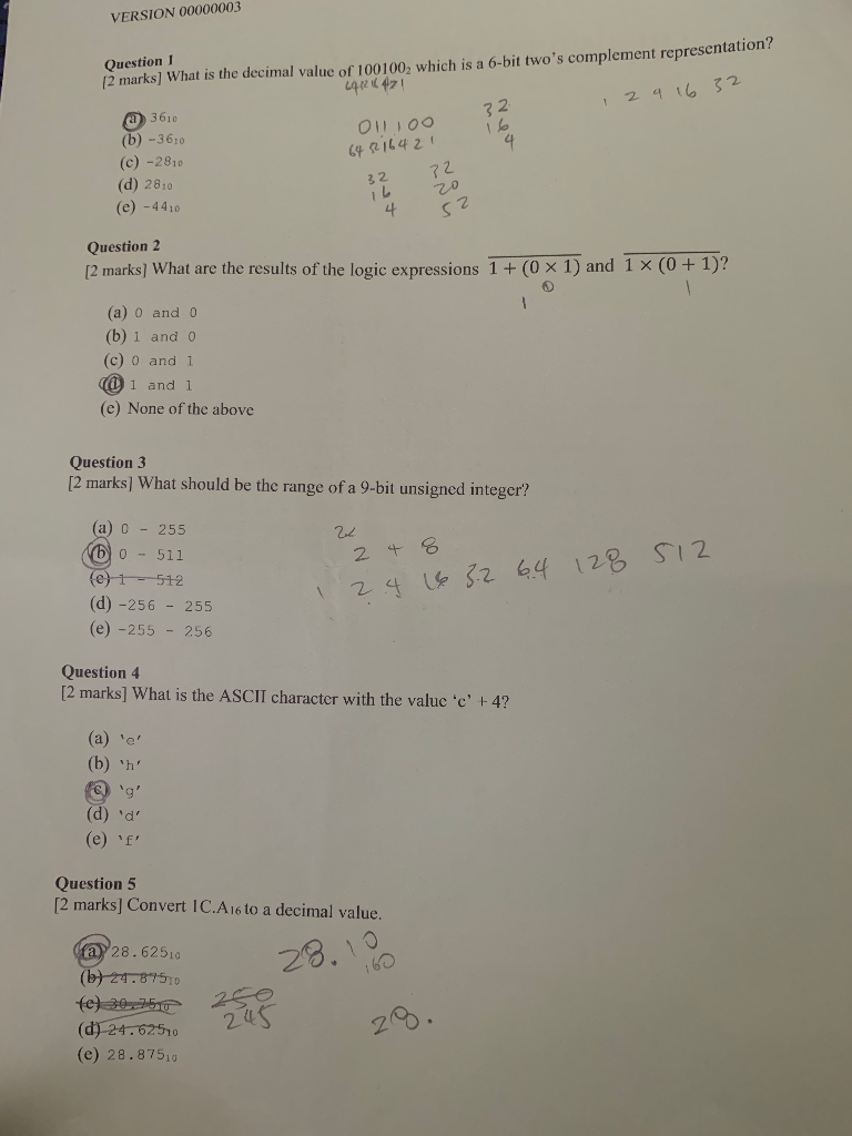 Solved VERSION 00000003 2 9 16 32 Question 1 [2 marks) What | Chegg.com