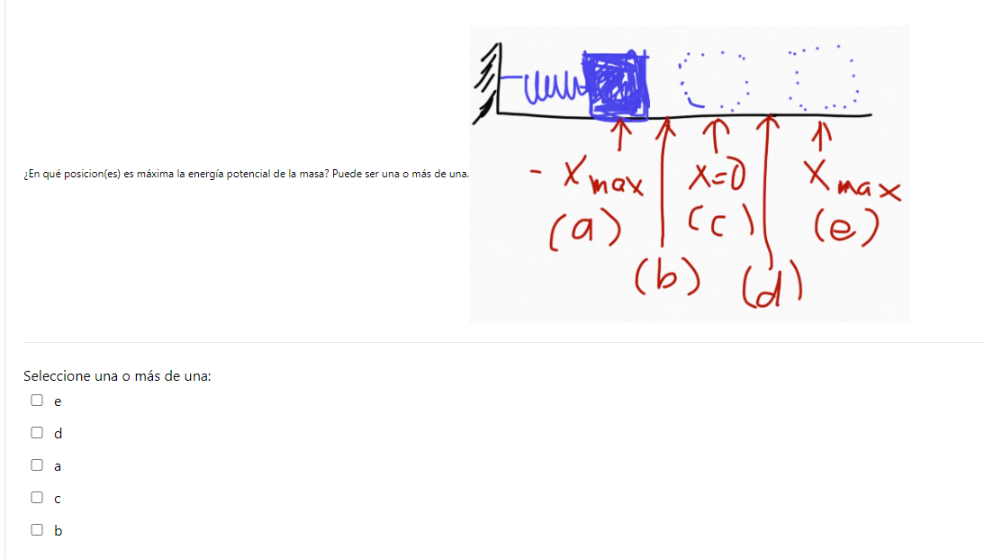 ¿En qué posicion(es) es máxima la energía potencial de la masa? Puede ser una o más de ur Seleccione una o más de una: e \( d