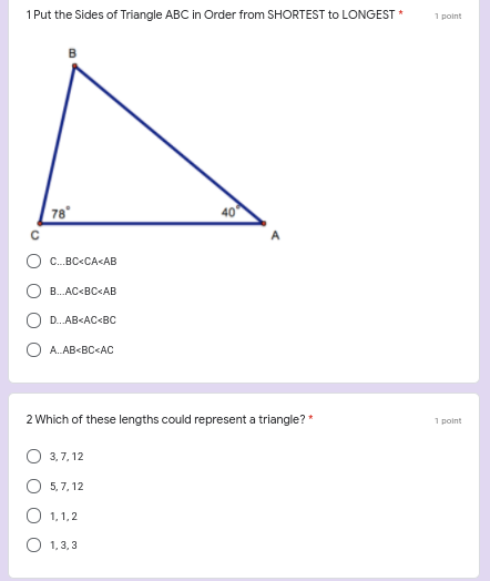 Solved 1 Put The Sides Of Triangle Abc In Order From Chegg Com