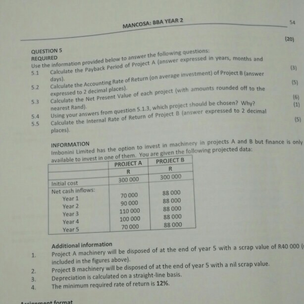 Solved MANCOSA: BBA YEAR 2 QUESTION5 REQUIRED Use The | Chegg.com