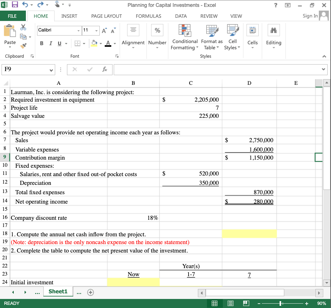 Solved x甲 B= = Planning for Capital Investments - Excel F9 A | Chegg.com