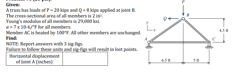 Solved Given: A truss has loads of P=20 kips and Q=8 kips | Chegg.com