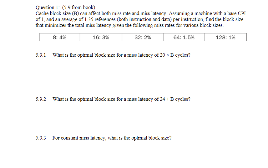 Question 1: (5.9 From Book) Cache Block Size (B) Can | Chegg.com