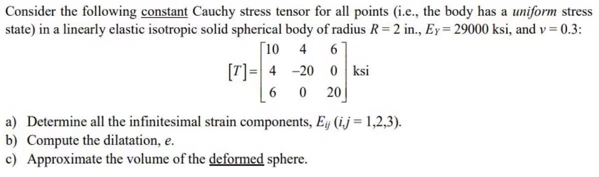 Consider the following constant Cauchy stress tensor for all points (i.e., the body has a uniform stress state) in a linearly