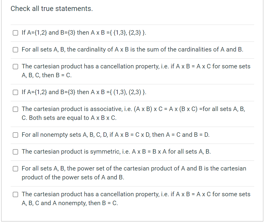 Solved Check All True Statements. . If A={1,2} And B={3} | Chegg.com