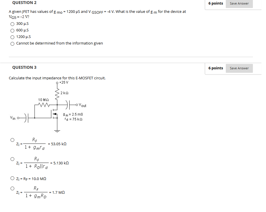 Solved QUESTION 2 6 points Save Answer A given JFET has | Chegg.com