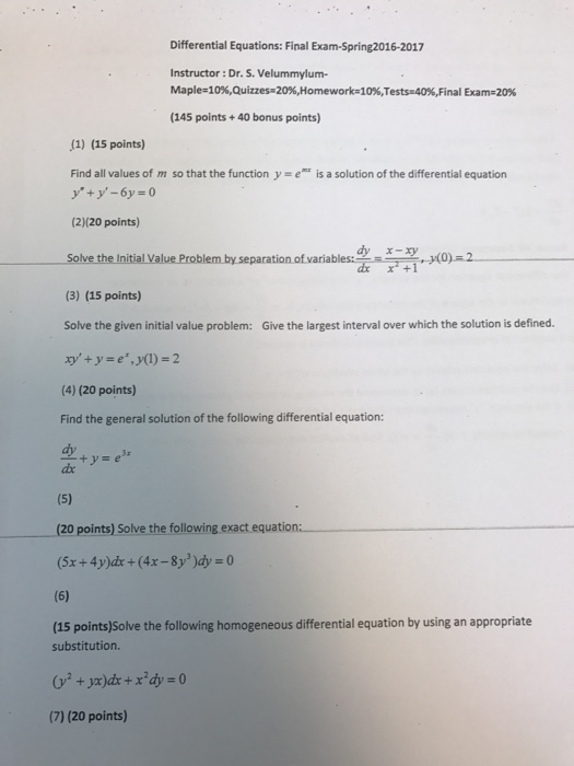Solved Differential Equations Final ExamSpring20162017...