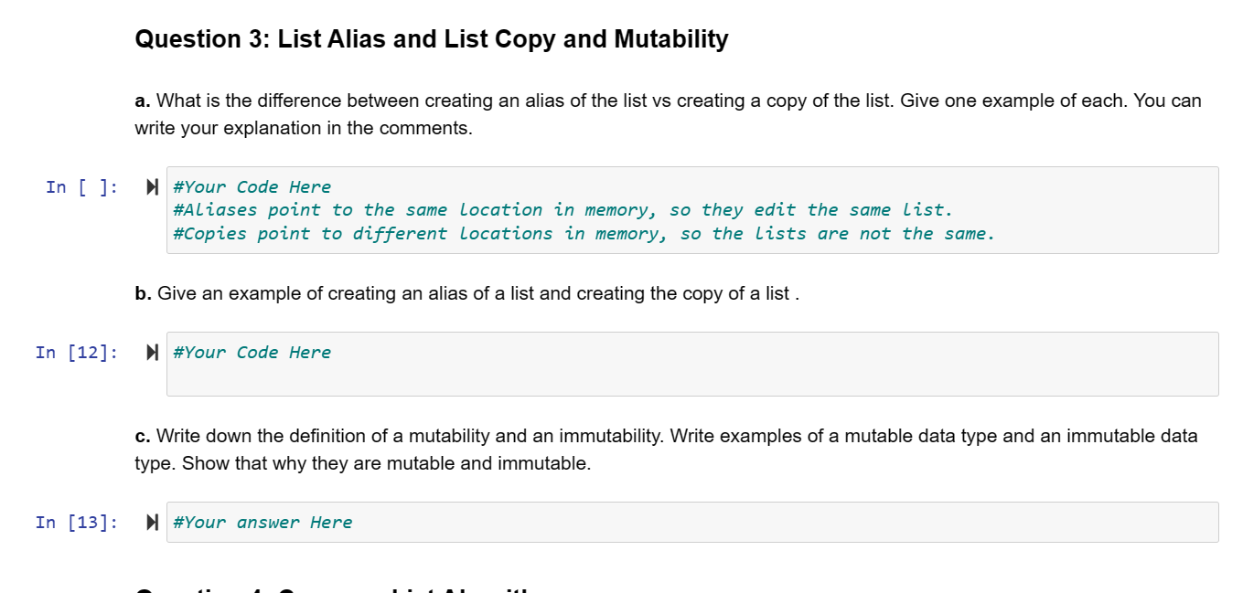 Solved Question 3: List Alias and List Copy and Mutability | Chegg.com