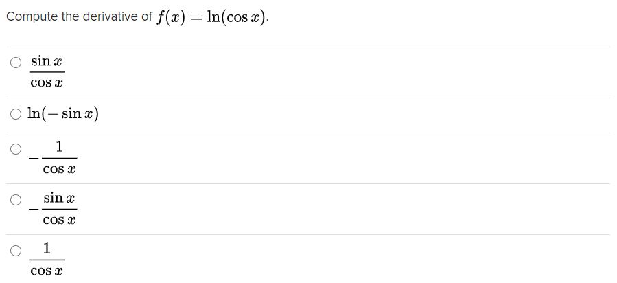 Solved Compute the derivative of f(x) = ln(cos x). sinx COS | Chegg.com