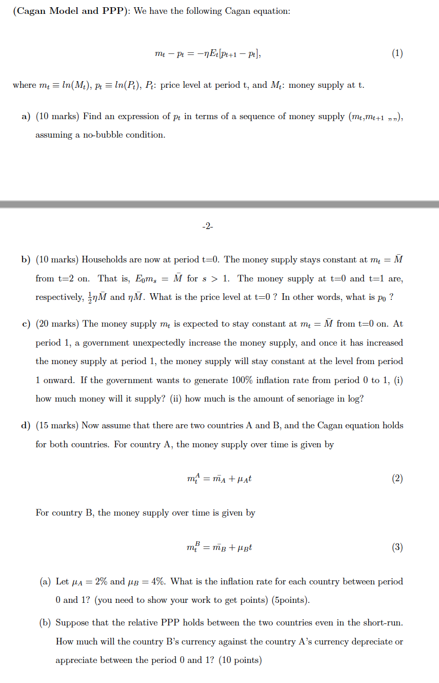 Solved (Cagan Model and PPP): We have the following Cagan | Chegg.com