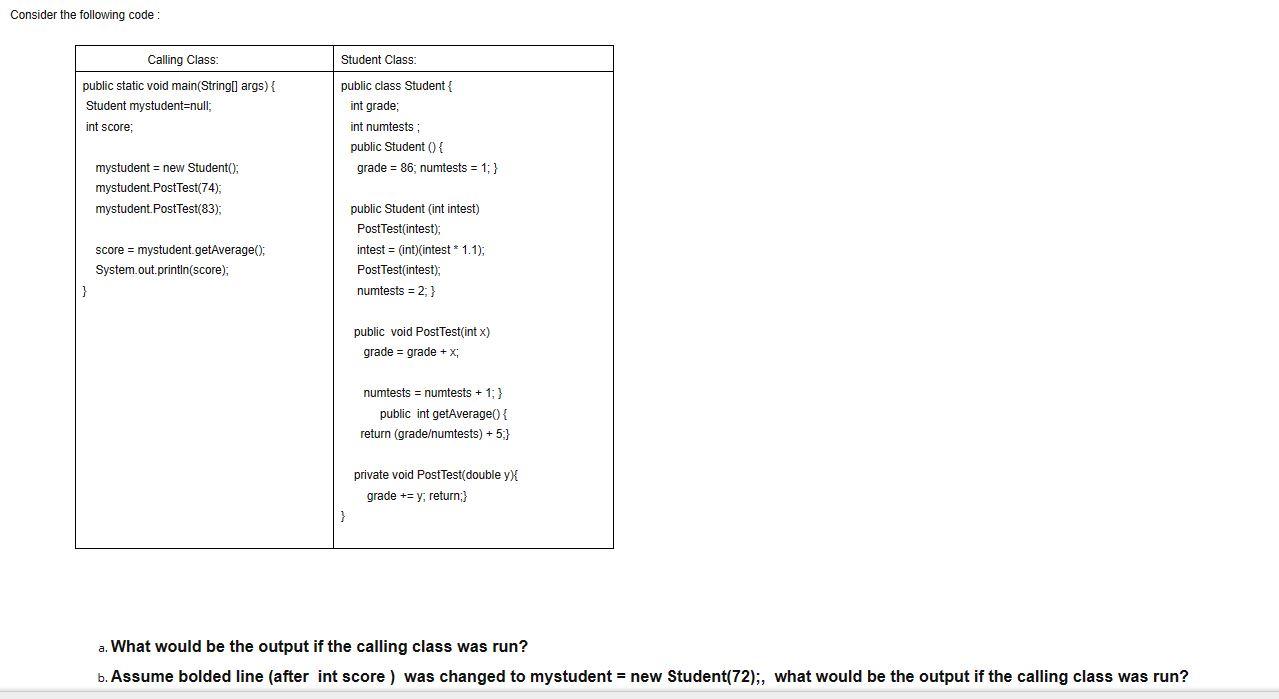 Solved Consider the following code: Calling Class: Student | Chegg.com
