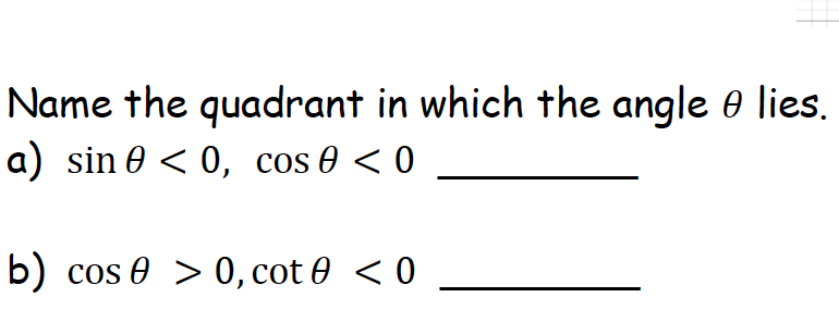 Solved Name the quadrant in which the angle θ | Chegg.com