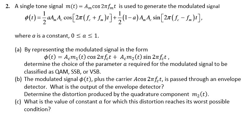 2. A single tone signal m(t)= Amcos 2nfmt is used to | Chegg.com