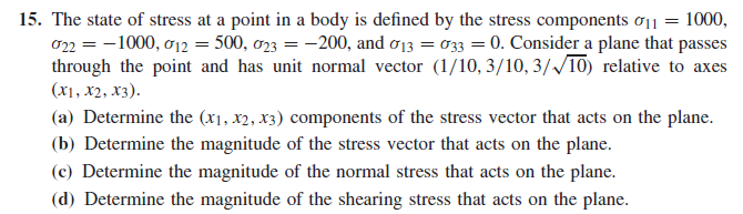 Solved 15. The state of stress at a point in a body is | Chegg.com