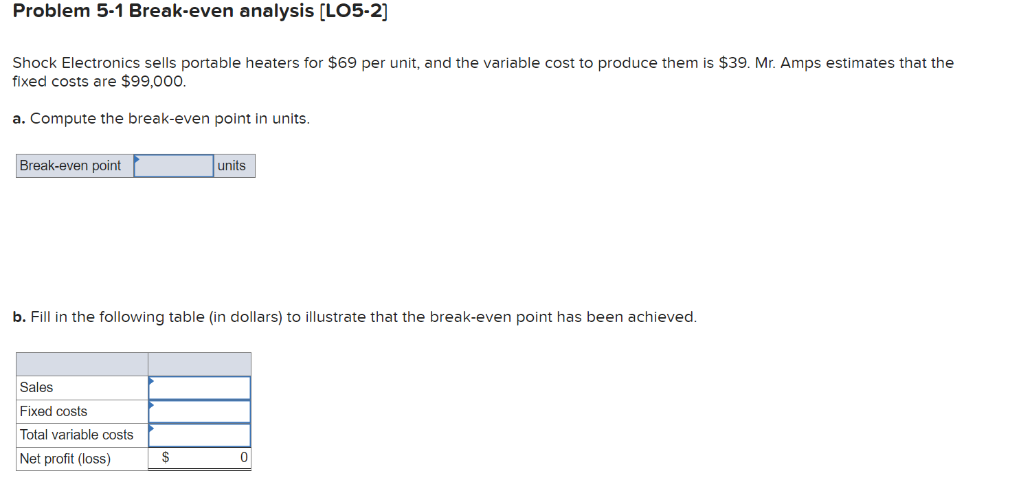 Solved Problem 5-1 Break-even analysis [LO5-2] Shock | Chegg.com