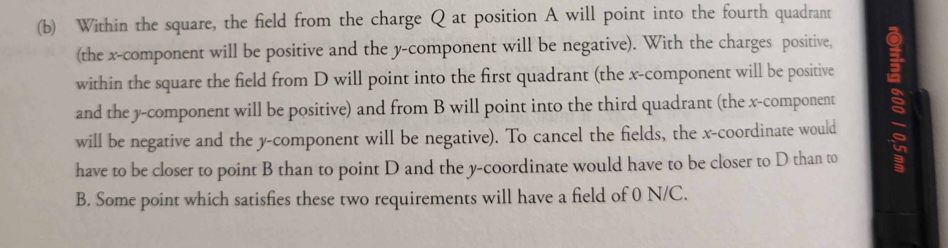 (b) Within the square, the field from the charge \( Q \) at position A will point into the fourth quadrant (the \( x \)-compo