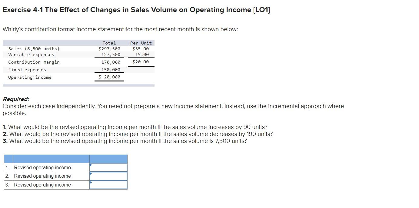 Solved Exercise 4-1 The Effect Of Changes In Sales Volume On | Chegg.com