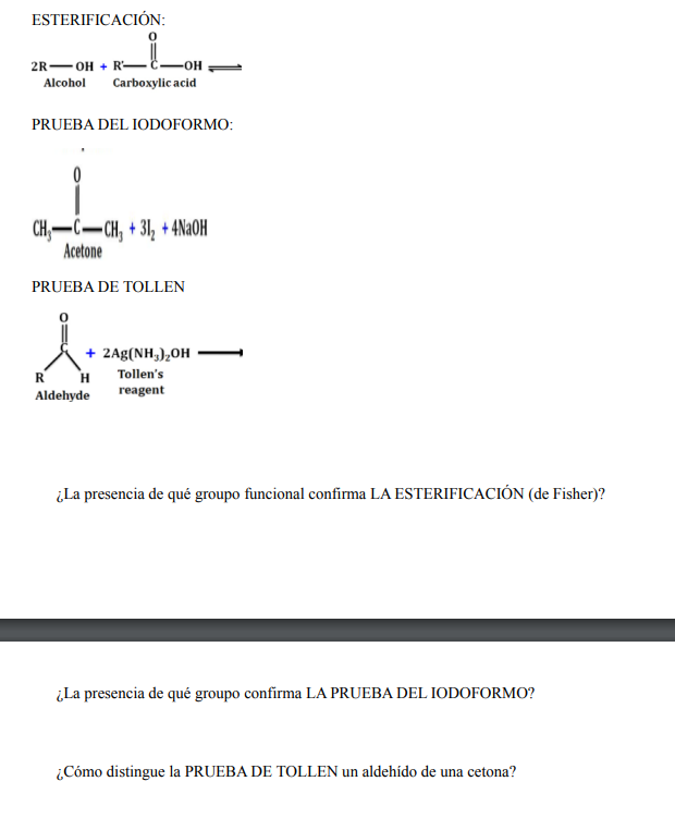 PRUEBA DEL IODOFORMO: PRUEBA DE TOLLEN ¿La presencia de qué groupo funcional confirma LA ESTERIFICACIÓN (de Fisher)? ¿La pres