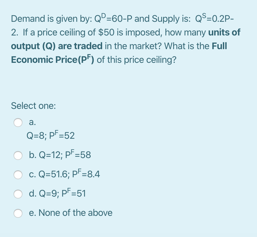 Solved Demand Is Given By Qp 60 P And Supply Is Qs 0 2p Chegg Com