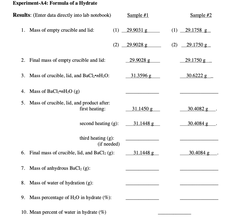 Solved Experiment-A4: Formula Of A Hydrate Results: (Enter | Chegg.com ...