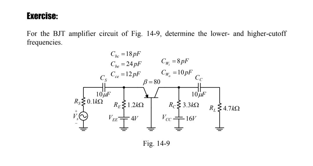 Exercise: For the BJT amplifier circuit of Fig. 14-9, | Chegg.com