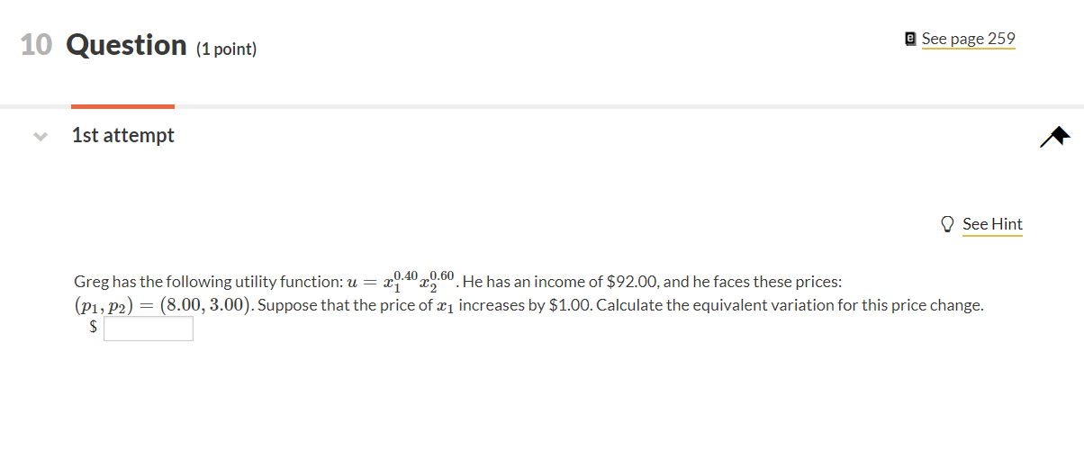 Solved 10 Question (1 point) e See page 259 1st attempt See | Chegg.com