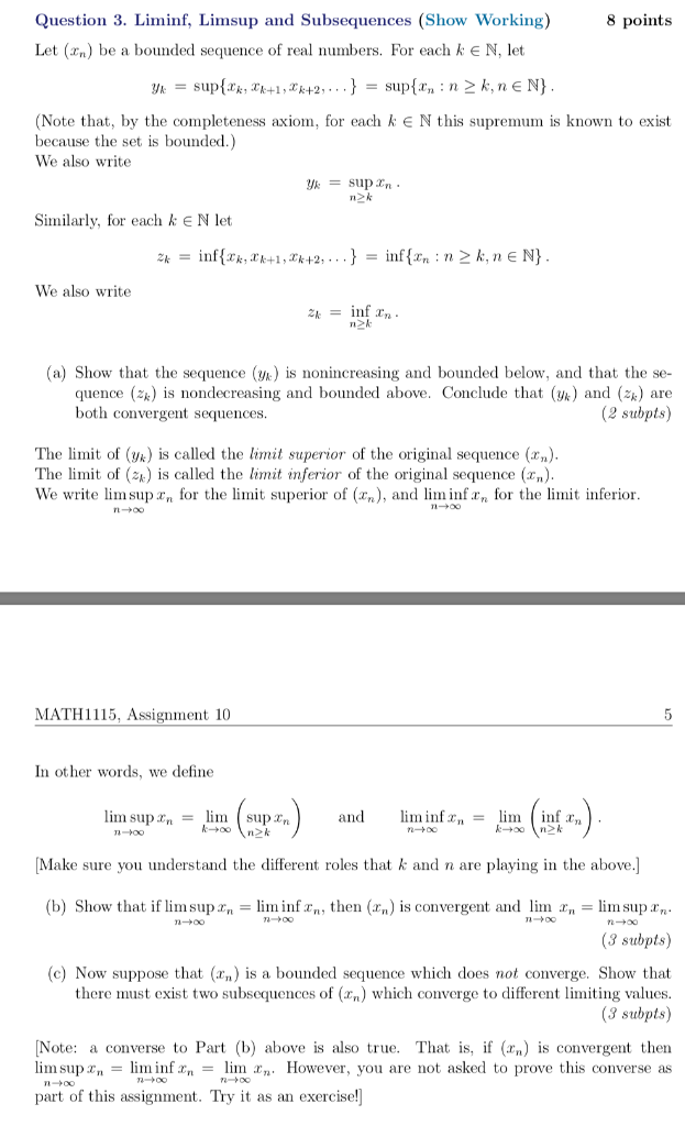 Question 3. Liminf, Limsup And Subsequences (Show | Chegg.com