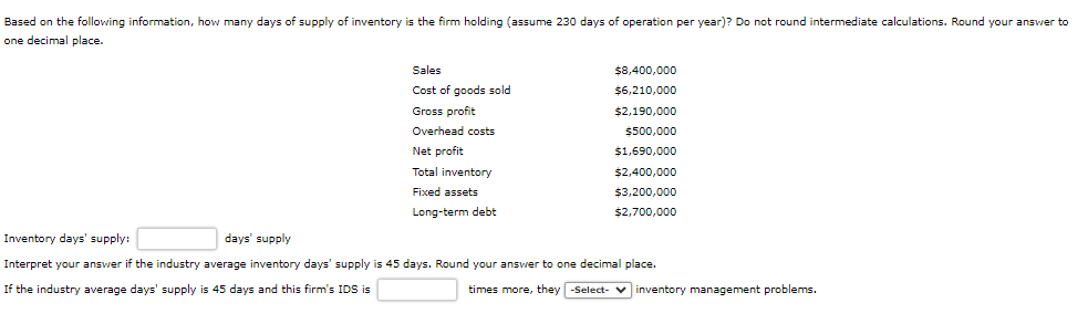 Solved Inventory days' supply: days' supply Interpret your | Chegg.com