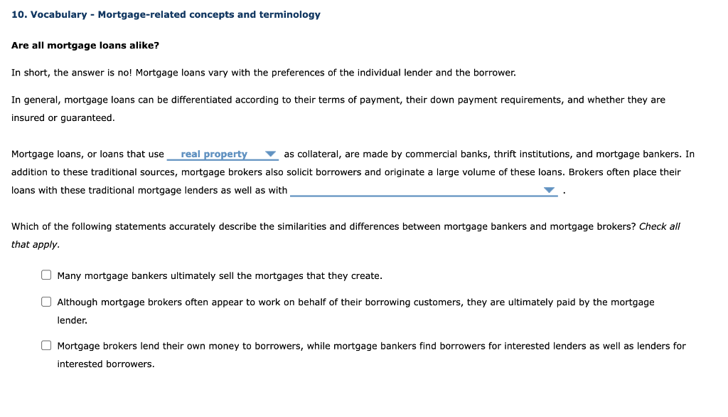 Solved 10. Vocabulary - Mortgage-related Concepts And | Chegg.com