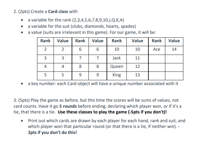Solved 2. (2 pts) Create a Card class with • a variable | Chegg.com