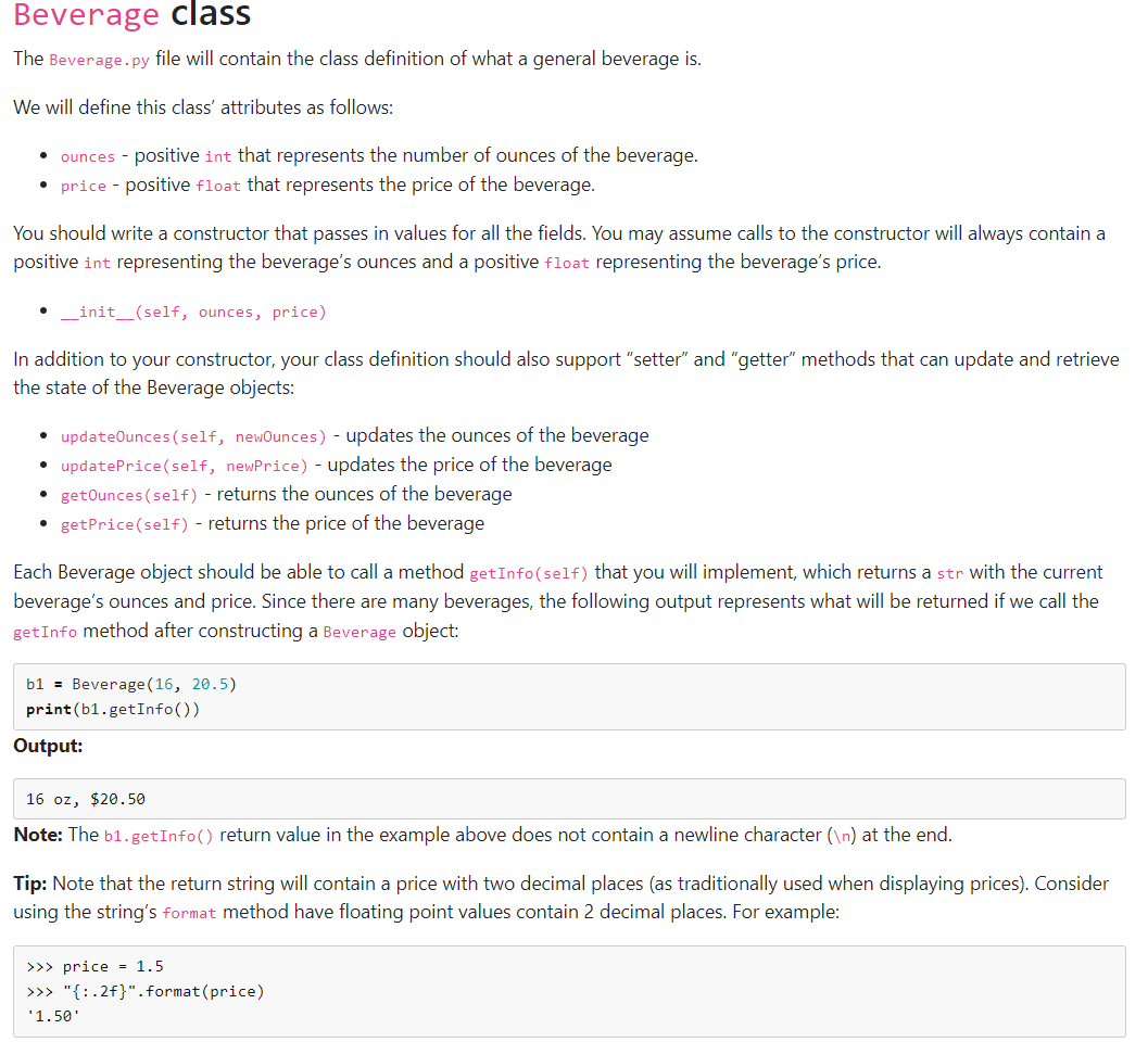 Solved Beverage class (Python) The Beverage.py file will | Chegg.com