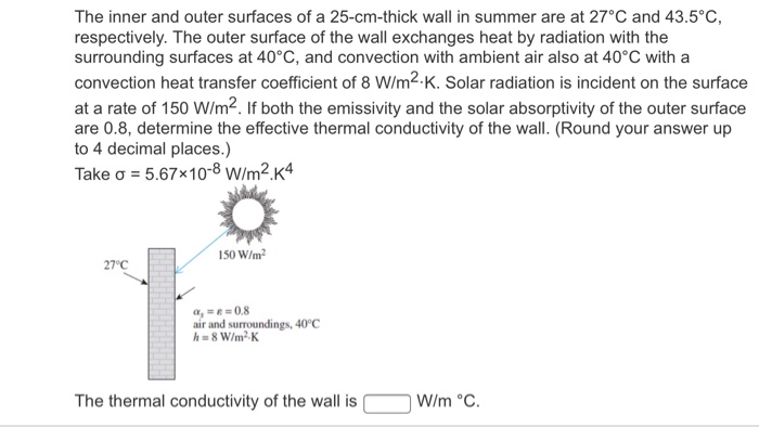 Solved The inner and outer surfaces of a 25-cm-thick wall in | Chegg.com