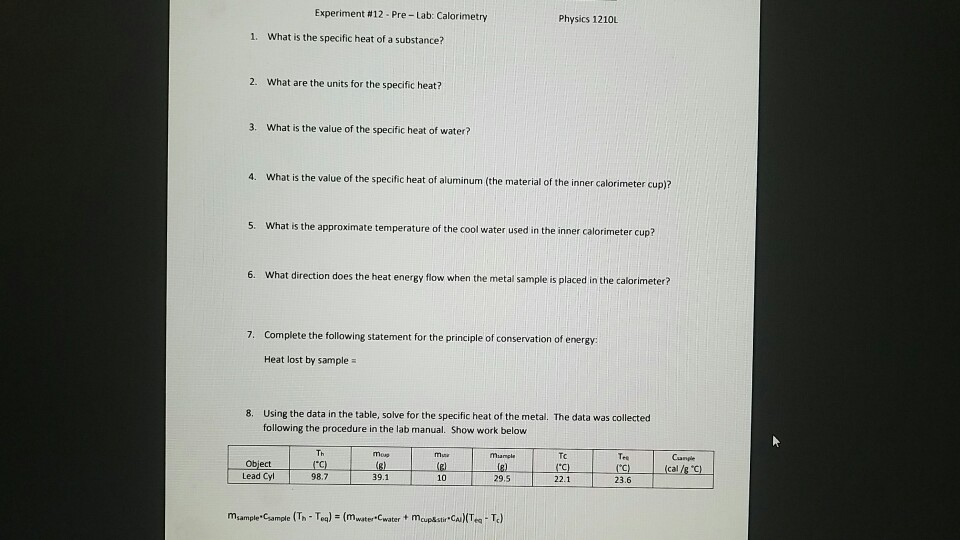Solved Experiment 12 PreLab Calorimetry Physics 1210L