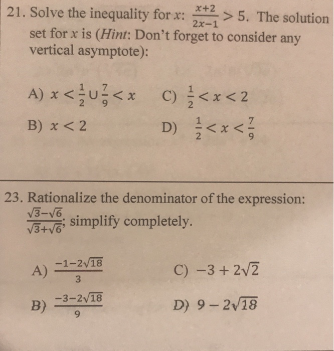 Solved +2 Solve the inequality for x: > 5. The solution set | Chegg.com
