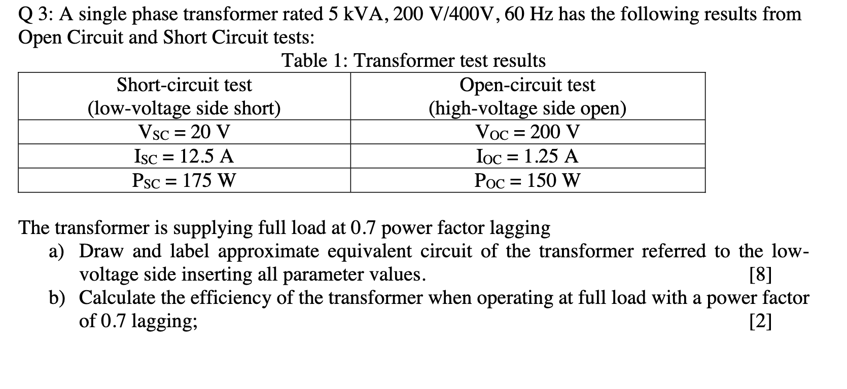 Solved Q 3: A single phase transformer rated 5 kVA, 200 | Chegg.com