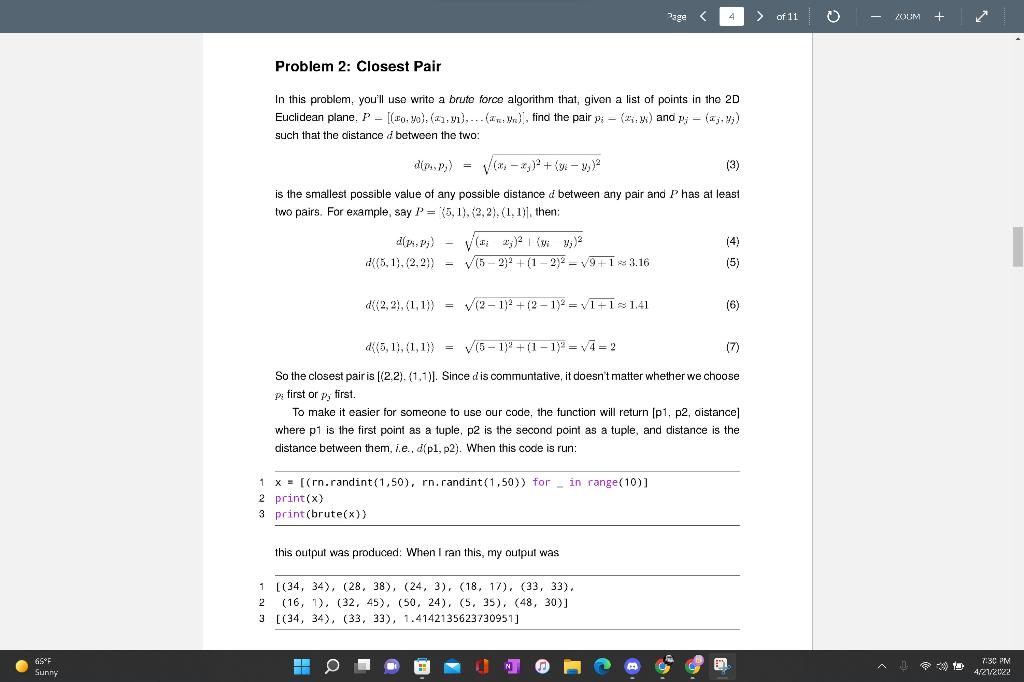 Solved > of 11 ZOUM Problem 2: Closest Pair In this problem, | Chegg.com