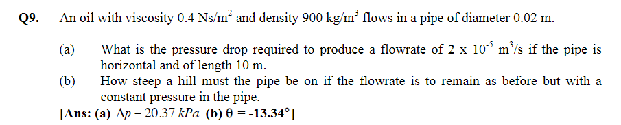 Solved Q9. An oil with viscosity 0.4 Ns/m² and density 900 | Chegg.com