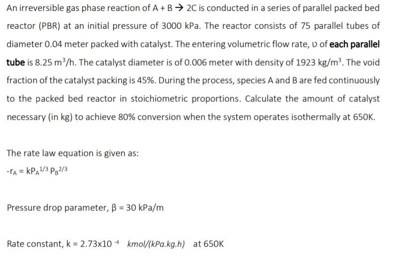 Solved An Irreversible Gas Phase Reaction Of A+B → 2C Is | Chegg.com