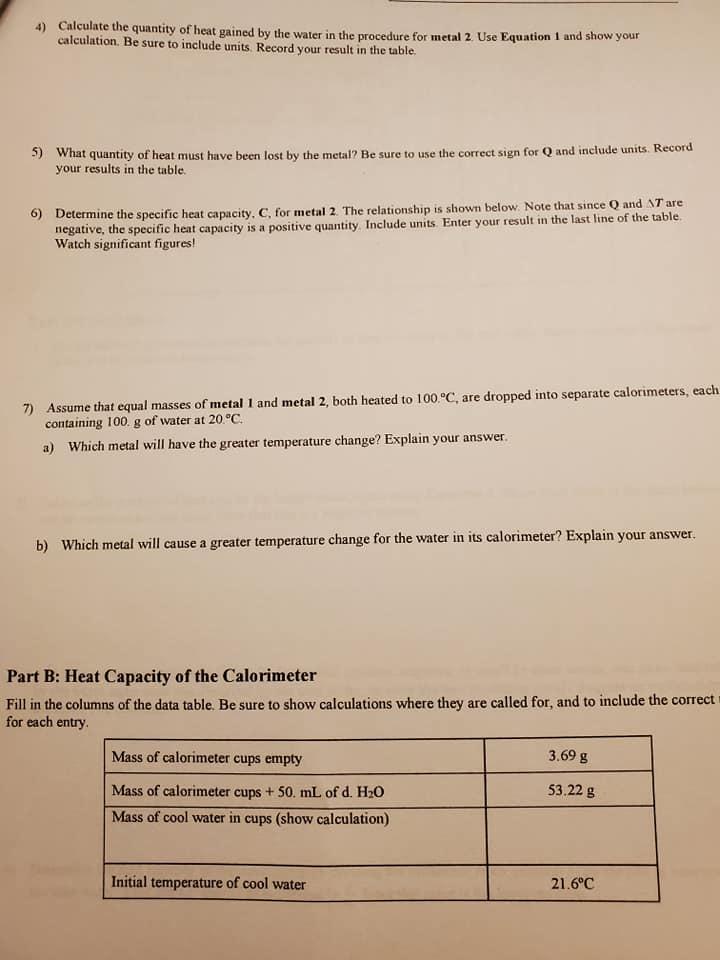 Solved Part A: Specific Heat Of Metals Measurements And | Chegg.com