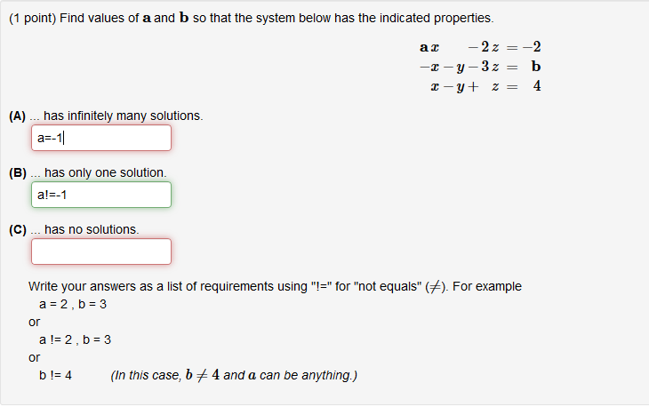 Solved (1 Point) Find Values Of A And B So That The System | Chegg.com